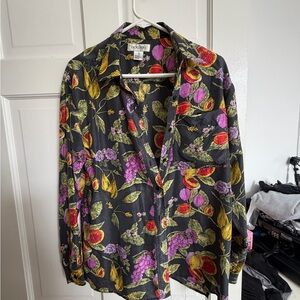 Bogari Black Silk Blouse with Pink, Yellow & Red Fruit Print